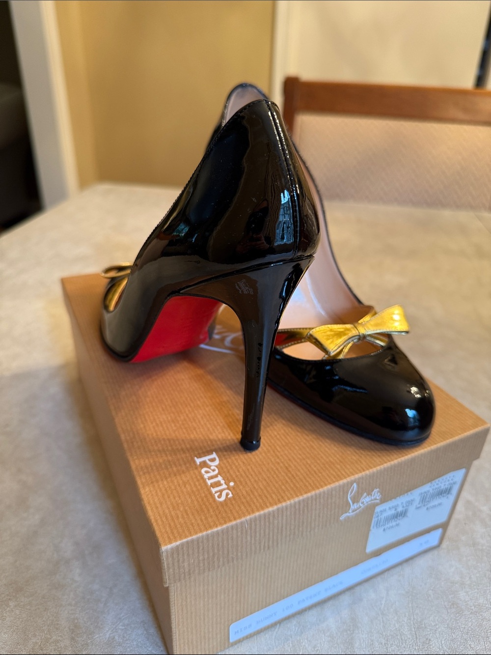 Christian Louboutin Black Patent Leather Pumps with Gold Bow - Picture 2 of 6
